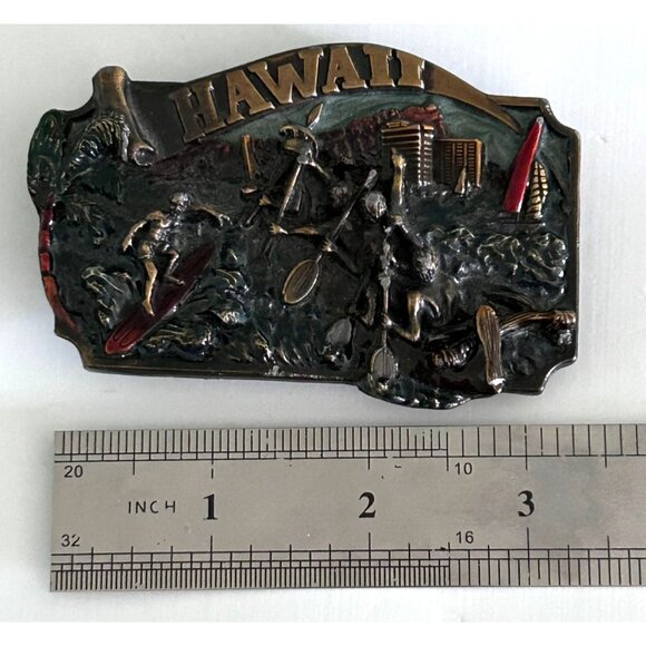 Vintage Hawaii Souvenir Belt Buckle Surfing Canoeing Scene Metal - Picture 2 of 4